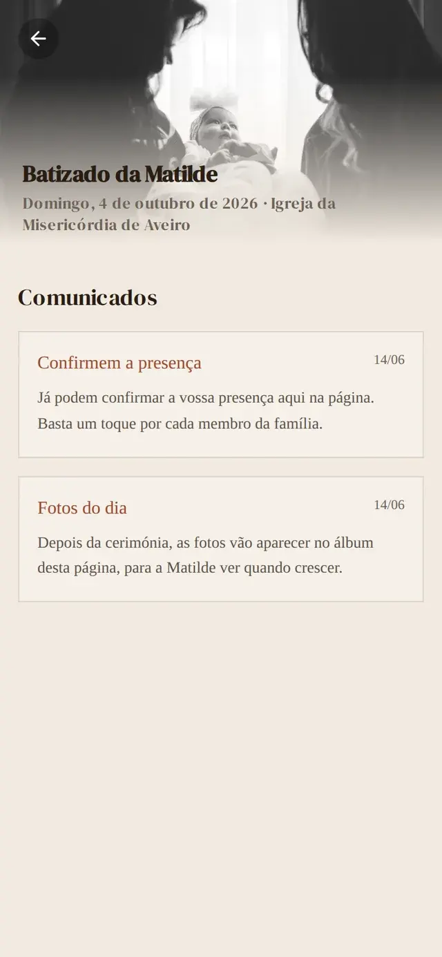 Comunicados enviados pelos anfitriões aos convidados do batizado da Matilde
