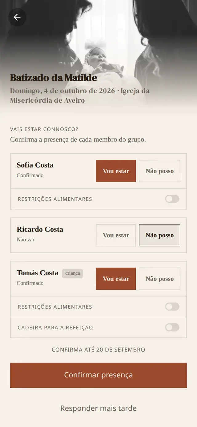 Ecrã de confirmação de presença do convite digital do batizado da Matilde, com a resposta de cada membro da família