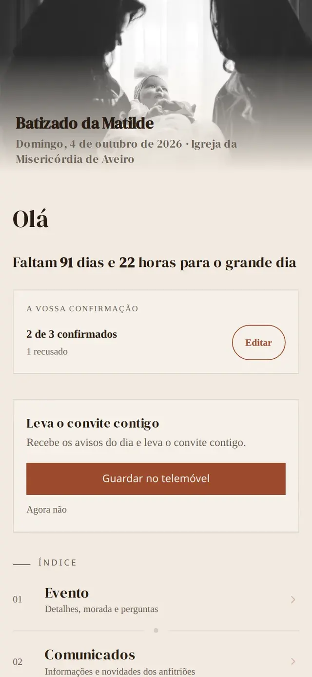 Página do evento do batizado da Matilde com contagem decrescente e índice de secções