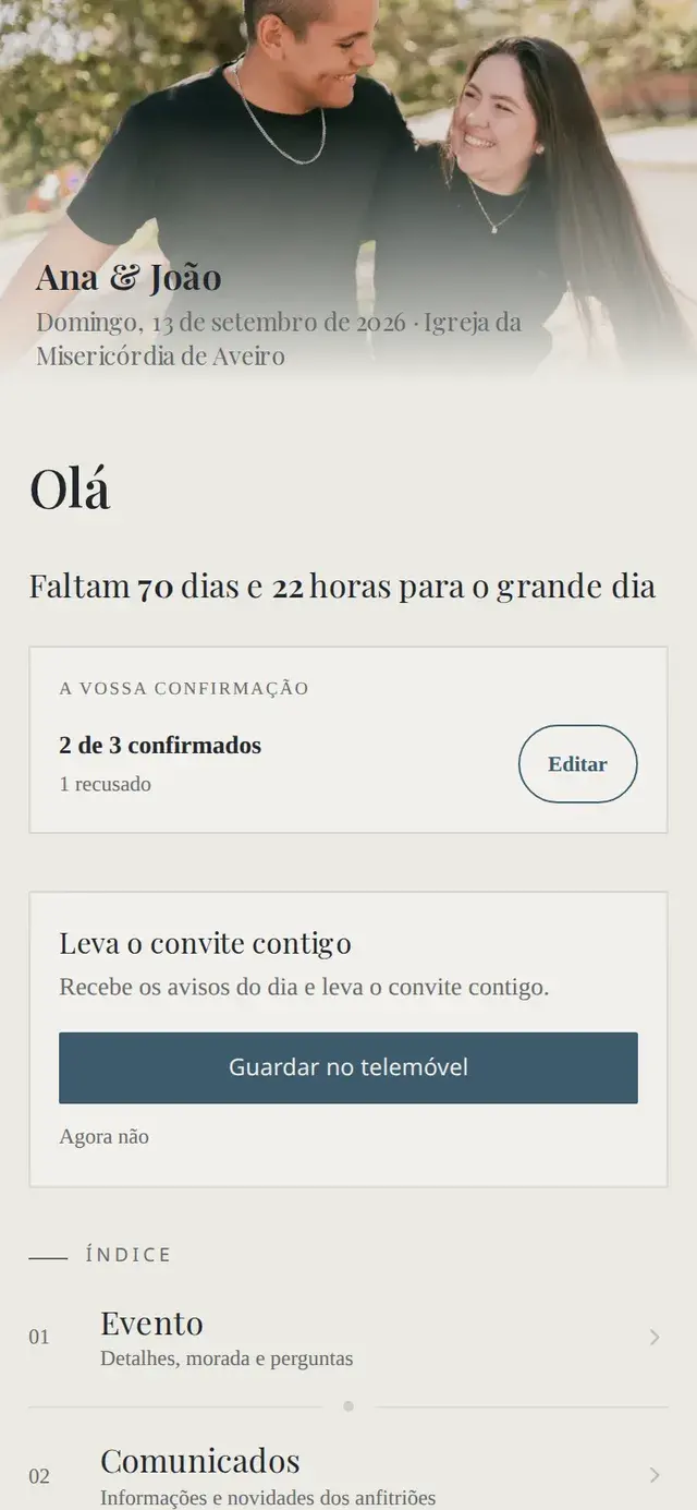 Página do evento de Ana & João com contagem decrescente e índice de secções